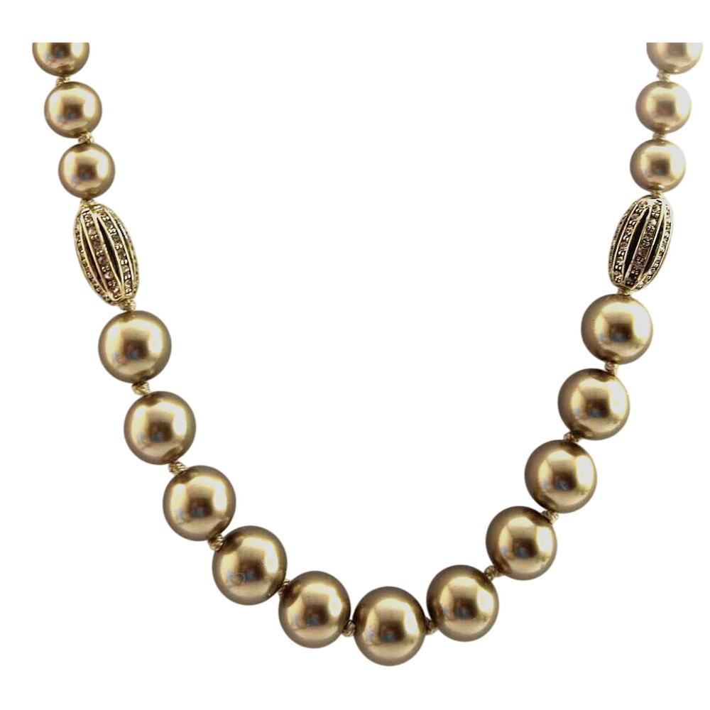 Monet Faux Golden Pearl Necklace Amber Rhinestone Stations 17"